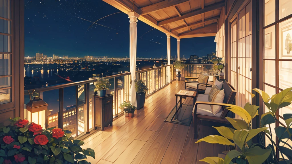A serene balcony overlooking the bustling city at night is captured in this image. The scene is set with a table adorned with a beautiful vase of flowers, a desk with a lamp, and a potted plant adding a touch of greenery. A cozy bench sits nearby, inviting one to relax and take in the stunning view. The city lights twinkle in the distance, casting a warm glow on the terrace. The color palette consists of deep blues, earthy tones, and accents of gold. This image evokes a sense of calm and sophistication in a city that never sleeps.