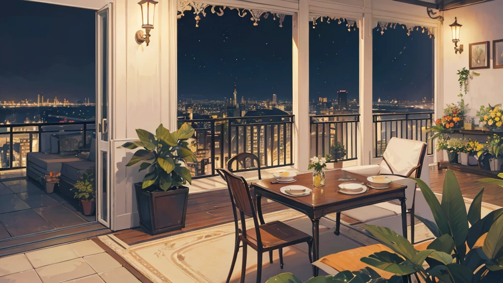 A serene balcony overlooking the bustling city at night is captured in this image. The scene is set with a table adorned with a beautiful vase of flowers, a desk with a lamp, and a potted plant adding a touch of greenery. A cozy bench sits nearby, inviting one to relax and take in the stunning view. The city lights twinkle in the distance, casting a warm glow on the terrace. The color palette consists of deep blues, earthy tones, and accents of gold. This image evokes a sense of calm and sophistication in a city that never sleeps.