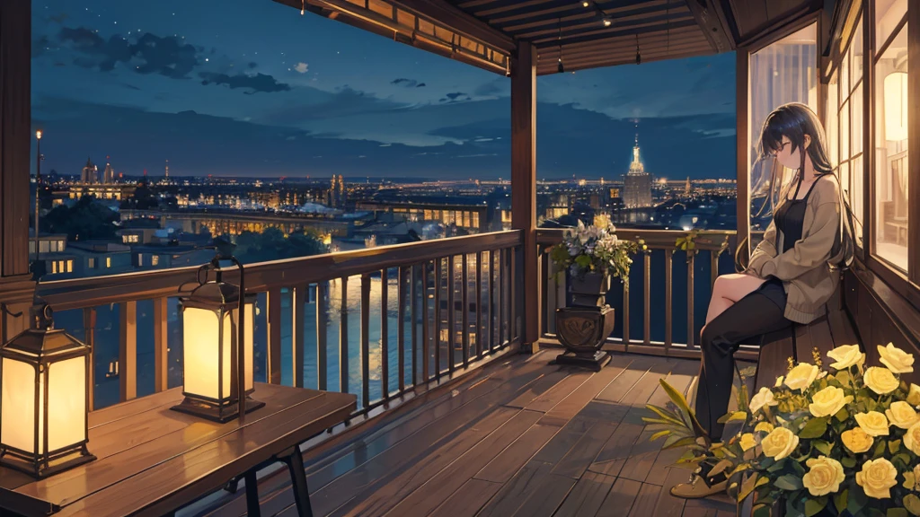 A serene balcony overlooking the bustling city at night is captured in this image. The scene is set with a table adorned with a beautiful vase of flowers, a desk with a lamp, and a potted plant adding a touch of greenery. A cozy bench sits nearby, inviting one to relax and take in the stunning view. The city lights twinkle in the distance, casting a warm glow on the terrace. The color palette consists of deep blues, earthy tones, and accents of gold. This image evokes a sense of calm and sophistication in a city that never sleeps.