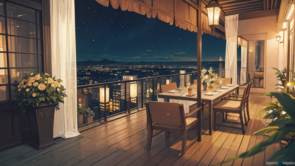 A serene balcony overlooking the bustling city at night is captured in this image. The scene is set with a table adorned with a beautiful vase of flowers, a desk with a lamp, and a potted plant adding a touch of greenery. A cozy bench sits nearby, inviting one to relax and take in the stunning view. The city lights twinkle in the distance, casting a warm glow on the terrace. The color palette consists of deep blues, earthy tones, and accents of gold. This image evokes a sense of calm and sophistication in a city that never sleeps.