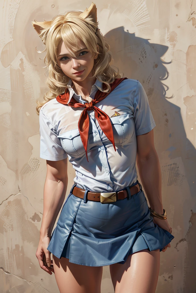 very young slim fit girl, full height, rounded face, (long curly disheveled blond hair:1.4), big blue eyes, shy smile, perfect medium breast, band on head with fake cat ears, monroe, pioneer neckerchief, short tight blue pleated skirt, bangs, tight white shirt, short sleeves, collared shirt, belt, red neckerchief, breast pocket, RAW, high detailed skin, 8k uhd, soft lighting, (masterpiece), (best quality:1.2), absurdres, thick outlines, (vibrant shadows), deep shadows, detailed eyes, full height, (high quality), high detailed background, high detailed face, high detailed finger