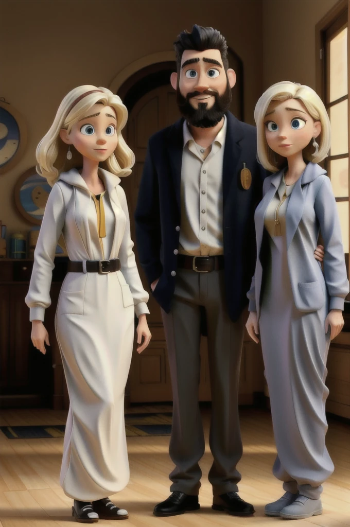 PIXAR STYLE ,WHITE MAN WITH BEARD, BLACK HAIR, DOCTOR, NEXT TO A BLONDE WHITE WOMAN