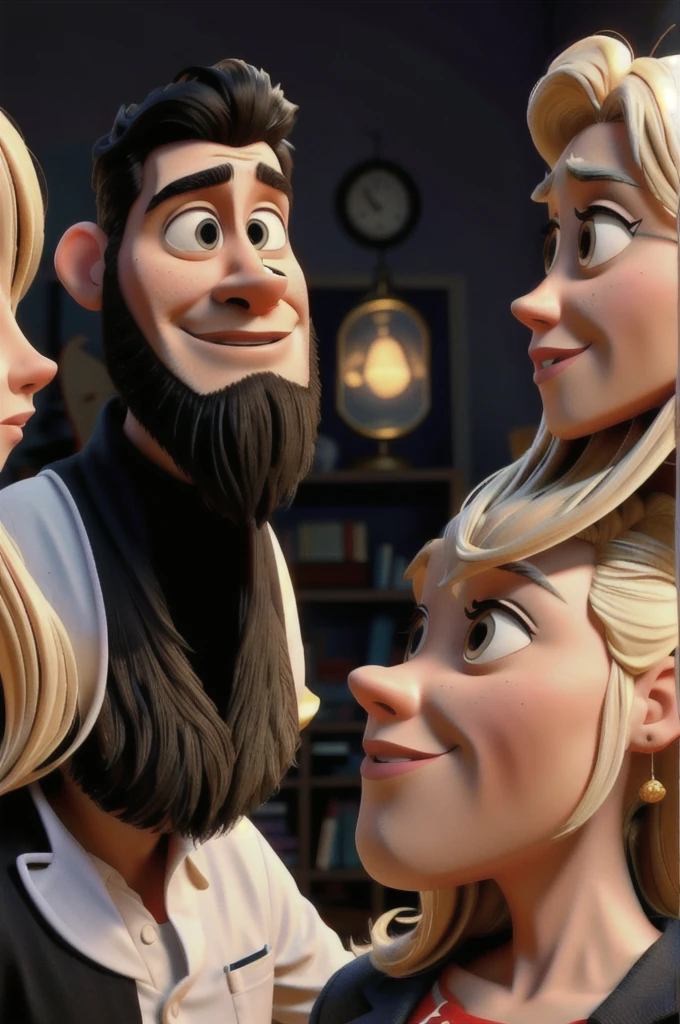PIXAR STYLE ,WHITE MAN WITH BEARD, BLACK HAIR, DOCTOR, NEXT TO A BLONDE WHITE WOMAN