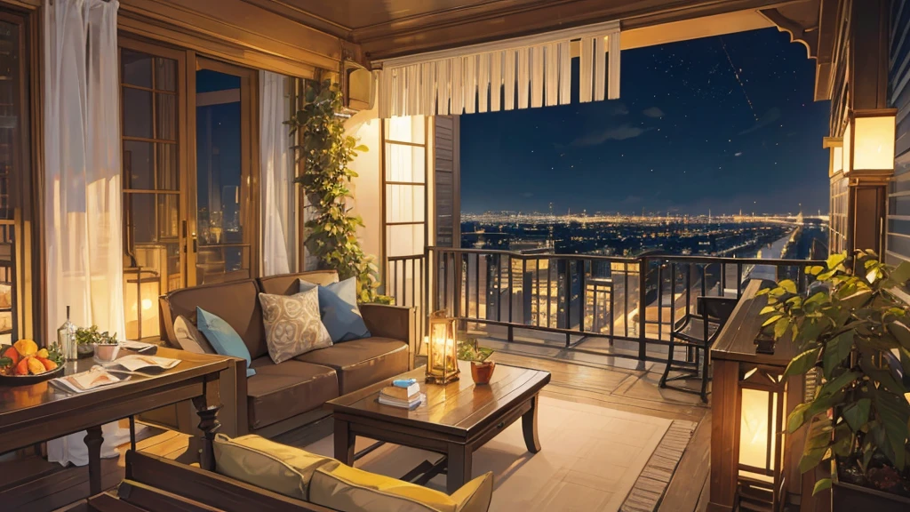 A serene balcony overlooking the bustling city at night is captured in this image. The scene is set with a table adorned with a beautiful vase of flowers, a desk with a lamp, and a potted plant adding a touch of greenery. A cozy bench sits nearby, inviting one to relax and take in the stunning view. The city lights twinkle in the distance, casting a warm glow on the terrace. The color palette consists of deep blues, earthy tones, and accents of gold. This image evokes a sense of calm and sophistication in a city that never sleeps.