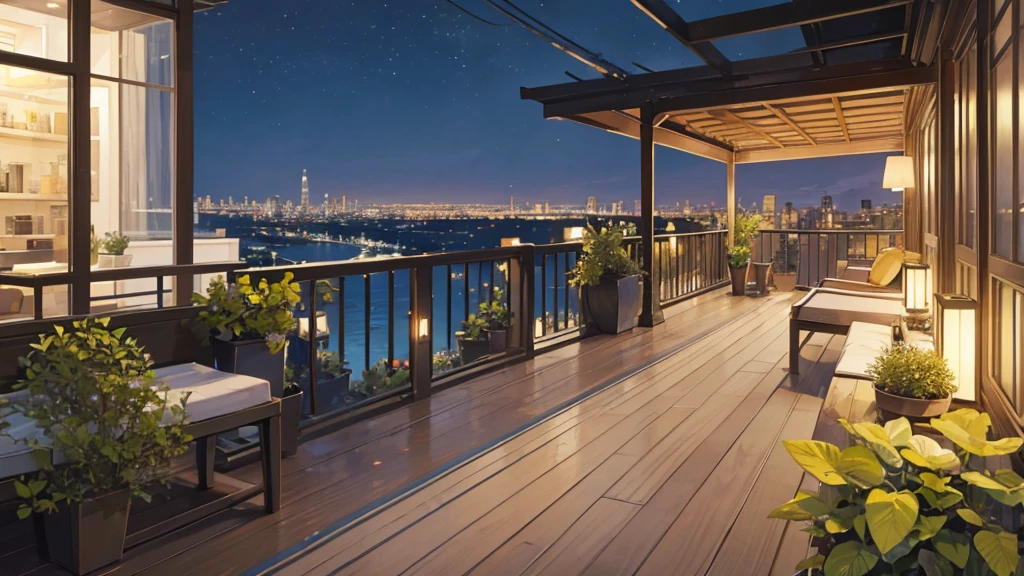 A serene balcony overlooking the bustling city at night is captured in this image. The scene is set with a table adorned with a beautiful vase of flowers, a desk with a lamp, and a potted plant adding a touch of greenery. A cozy bench sits nearby, inviting one to relax and take in the stunning view. The city lights twinkle in the distance, casting a warm glow on the terrace. The color palette consists of deep blues, earthy tones, and accents of gold. This image evokes a sense of calm and sophistication in a city that never sleeps.