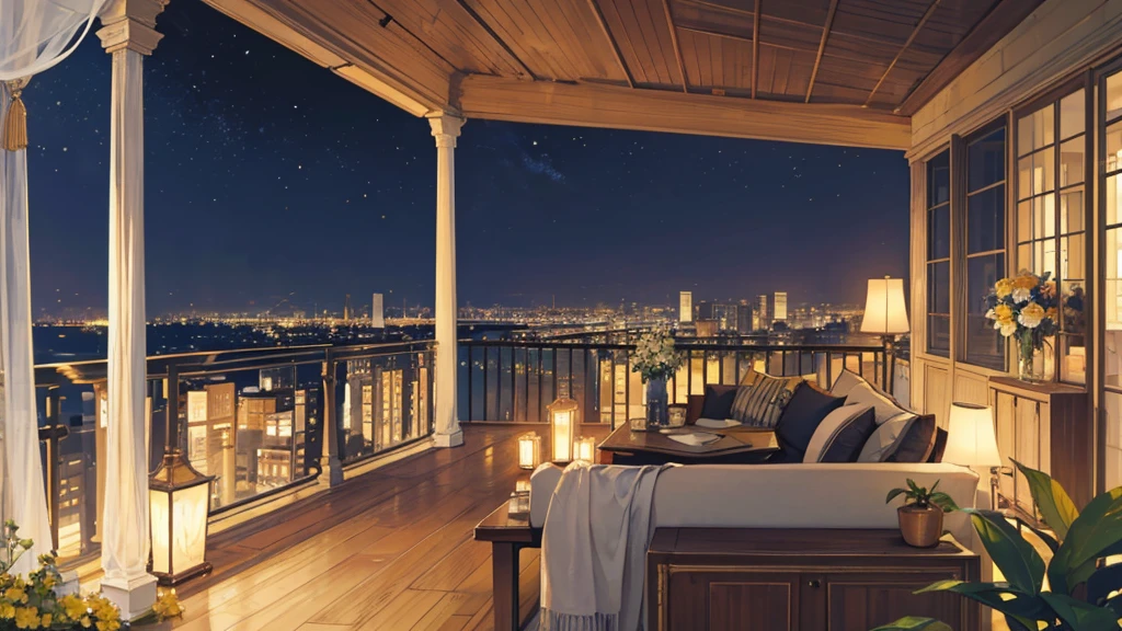 A serene balcony overlooking the bustling city at night is captured in this image. The scene is set with a table adorned with a beautiful vase of flowers, a desk with a lamp, and a potted plant adding a touch of greenery. A cozy bench sits nearby, inviting one to relax and take in the stunning view. The city lights twinkle in the distance, casting a warm glow on the terrace. The color palette consists of deep blues, earthy tones, and accents of gold. This image evokes a sense of calm and sophistication in a city that never sleeps.