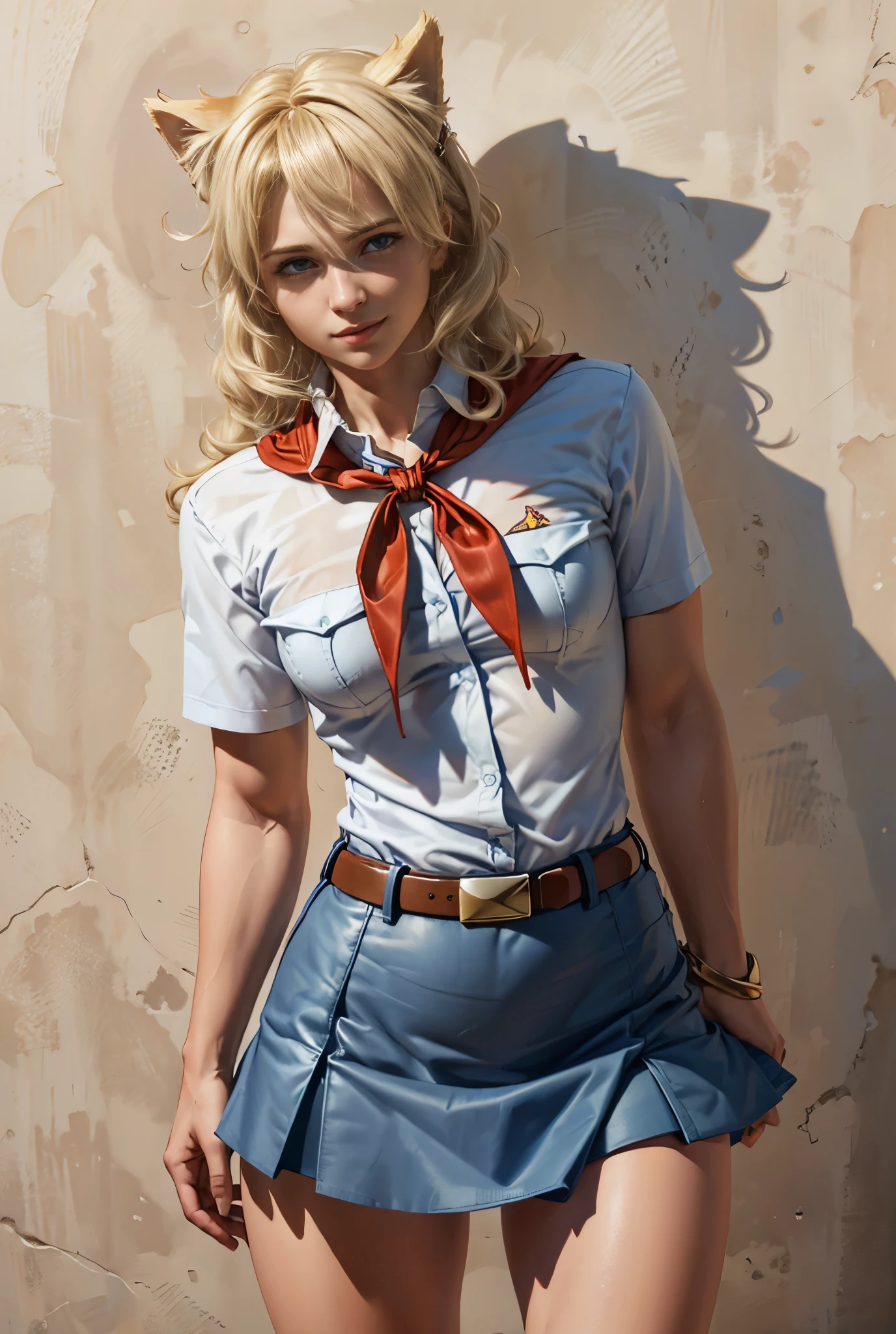 very young slim fit girl, full height, rounded face, (long curly disheveled blond hair:1.4), big blue eyes, shy smile, perfect medium breast, band on head with fake cat ears, monroe, pioneer neckerchief, short tight blue pleated skirt, bangs, tight white shirt, short sleeves, collared shirt, belt, red neckerchief, breast pocket, RAW, high detailed skin, 8k uhd, soft lighting, (masterpiece), (best quality:1.2), absurdres, thick outlines, (vibrant shadows), deep shadows, detailed eyes, full height, (high quality), high detailed background, high detailed face, high detailed finger