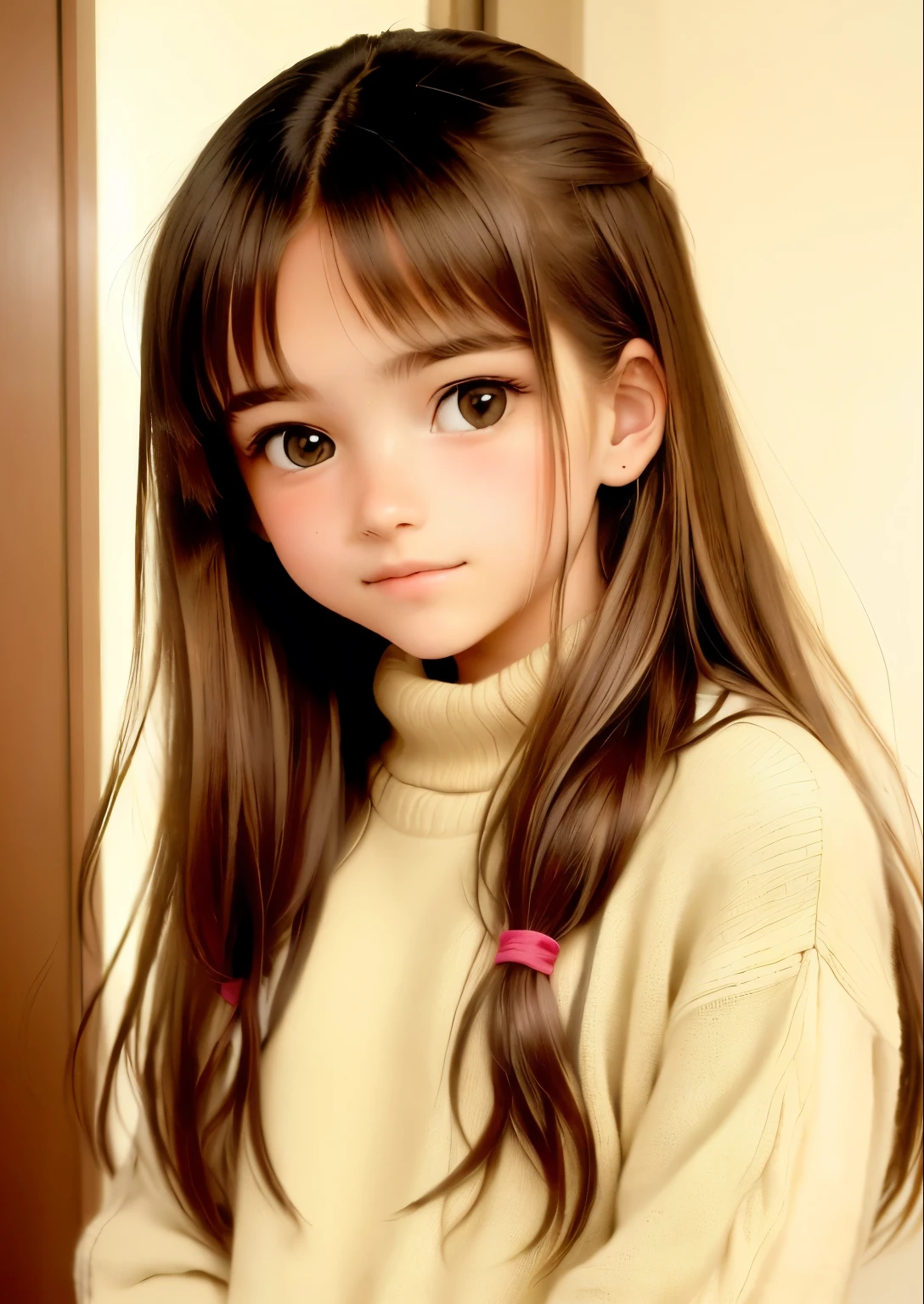 arafed picture of a young girl with long hair and a sweater, she is about l, beautiful young girl, aged 13, photo ofhe girl,
