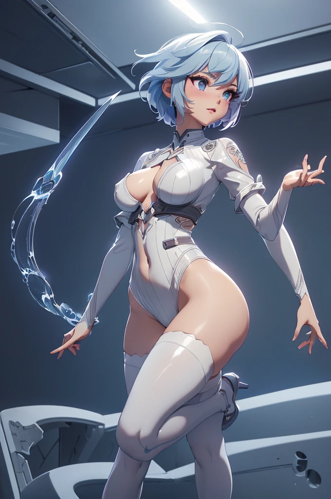 Mini Ghost in the Shell, (Ghost in the Shell), solo, ray tracing, 3D style, 3DMM, ((oses per photo)), ((oses ouch cada foto)), fully body,(Front view),(Costas Issue), (Emist on the left), show flat belly, (((oses per photo))),(very big breastsperfect ass, perfect and symmetrical eyes, (perfect handuturistic sword in hand)), ((short hair)),((Open wizard clothes)),white clothing with textured edges, skin fair, luouchas detalhadas, White thigh-high tights with trim, ouchestido aberto ouch "ouch", Waist slender, big legs, low water, Show legs to the top of the waist, (broken fabric falling over the legs),((open top)),ultra realistic skin, realistic human eyes,ultra realistic skin,((striped shirt)),super sensual suit, colorfully,top with ruffles,(pubis with a lot of volume),(extremely sensual),(very sensual),(((very detailed high level lighting))),(((raytracing))),(((couchstic effect))),(((bodysuit open to the waist))),((costume fitted from the breasts down, perfectly imitating the curves of the body))
