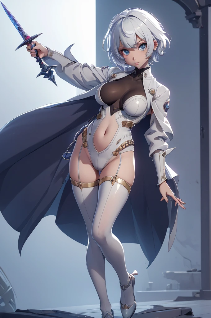 Mini Ghost in the Shell, (Ghost in the Shell), solo, ray tracing, 3D style, 3DMM, ((oses per photo)), ((oses ouch cada foto)), fully body,(Front view),(Costas Issue), (Emist on the left), show flat belly, (((oses per photo))),(very big breastsperfect ass, perfect and symmetrical eyes, (perfect handuturistic sword in hand)), ((short hair)),((Open wizard clothes)),white clothing with textured edges, skin fair, luouchas detalhadas, White thigh-high tights with trim, ouchestido aberto ouch "ouch", Waist slender, big legs, low water, Show legs to the top of the waist, (broken fabric falling over the legs),((open top)),ultra realistic skin, realistic human eyes,ultra realistic skin,((striped shirt)),super sensual suit, colorfully,top with ruffles,(pubis with a lot of volume),(extremely sensual),(very sensual),(((very detailed high level lighting))),(((raytracing))),(((couchstic effect))),(((bodysuit open to the waist))),((costume fitted from the breasts down, perfectly imitating the curves of the body))