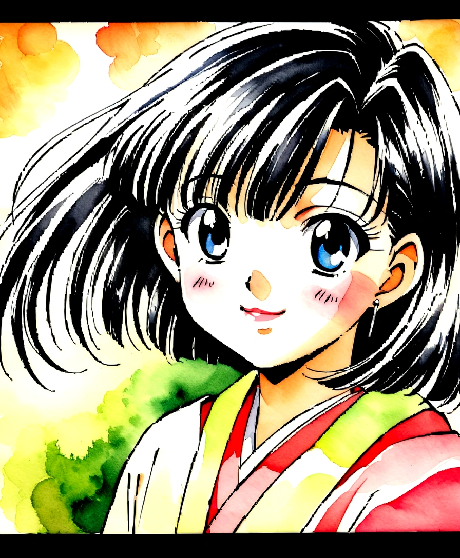 Watercolor style、Digital Art、1990s anime style、Black Bob、Beautiful Japanese Girls、18-year-old