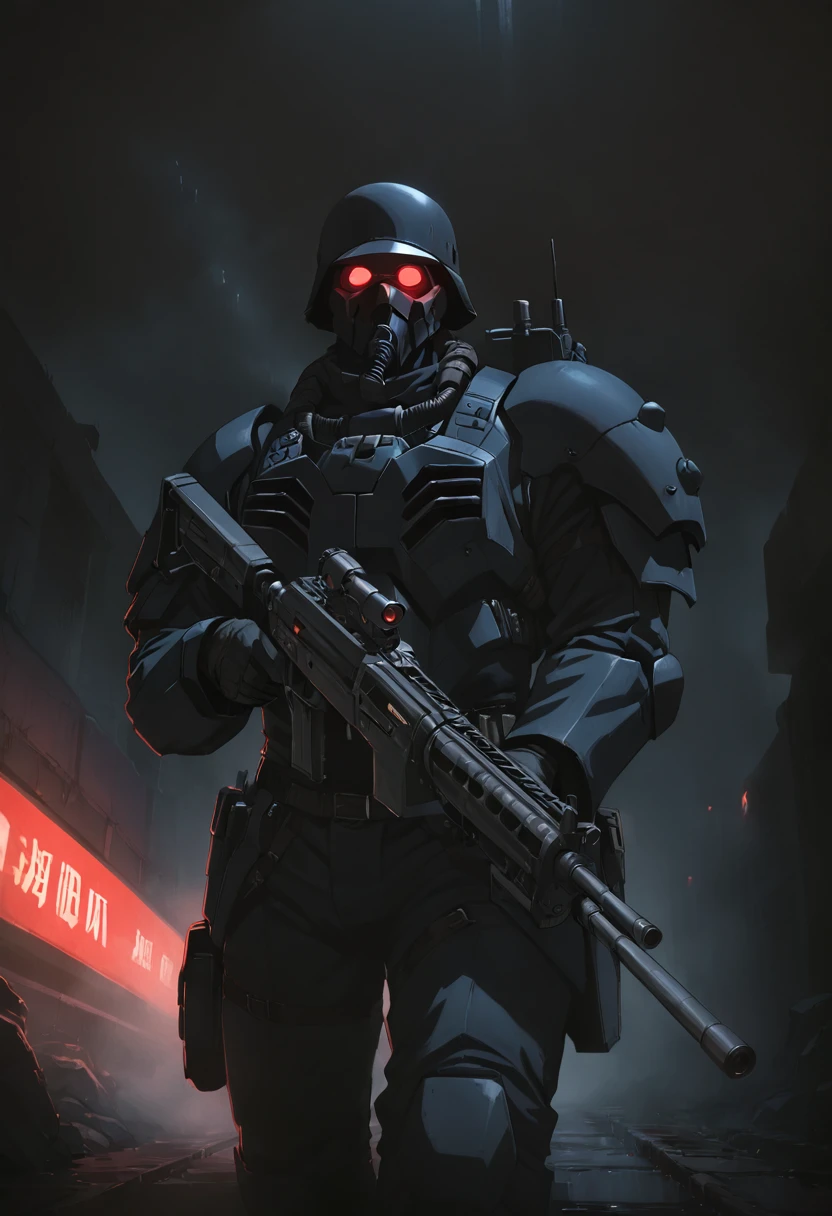 jin-roh!,1 boy,glowing,cowboy shot,strong,round eyes,backpack,no pupils,radio antenna,red eyes,dark,low-key,night,shadow,
sewer,walking,holding gun,heavy machine gun,from below,aiming at viewer,close-up,, cinematic light,masterpiece,best quality,very aesthetic,absurdres,incredibly absurdres,explit,NSFW,