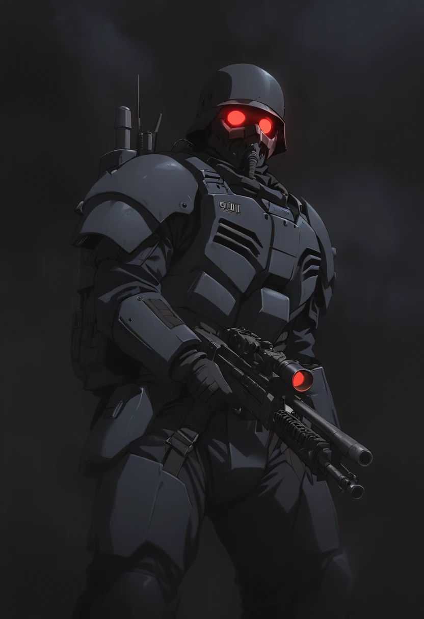 jin-roh!,1 boy,glowing,cowboy shot,strong,round eyes,backpack,no pupils,radio antenna,red eyes,dark,low-key,night,shadow,
sewer,walking,holding gun,heavy machine gun,from below,aiming at viewer,close-up,, cinematic light,masterpiece,best quality,very aesthetic,absurdres,incredibly absurdres,explit,NSFW,