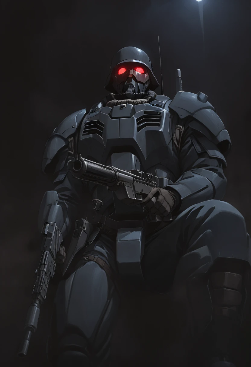 jin-roh!,1 boy,glowing,cowboy shot,strong,round eyes,backpack,no pupils,radio antenna,red eyes,dark,low-key,night,shadow,
sewer,walking,holding gun,heavy machine gun,from below,aiming at viewer,close-up,, cinematic light,masterpiece,best quality,very aesthetic,absurdres,incredibly absurdres,explit,NSFW,