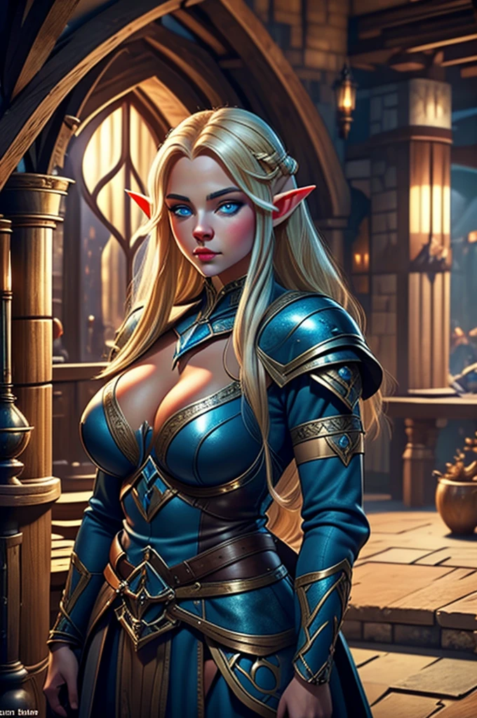 A Voluptuous Elven Cleric Standing alone, a Elf with blonde hair with a blue streak of hair, blue eyes female elf with blue eyes, symmetrical features, voluptuous cleric.
