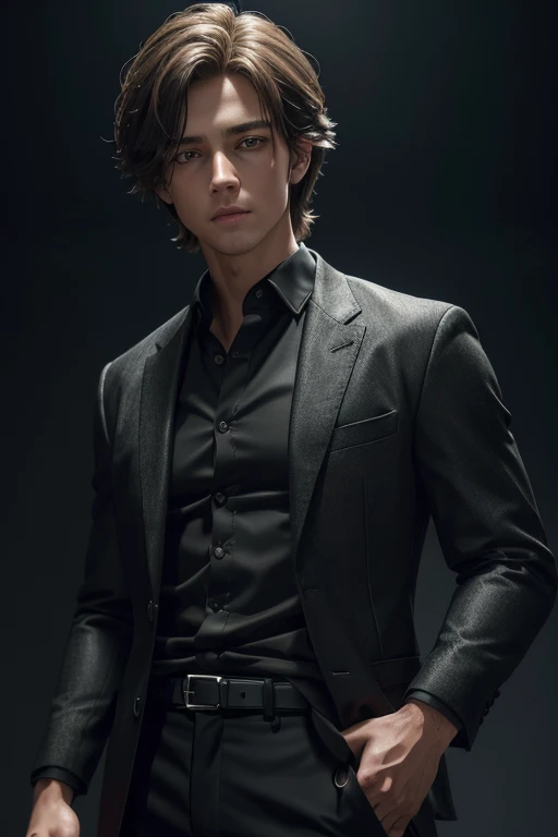 a boy with peach messy medium length hair, amber eyes, black fitted trousers, black shirt, black buttoned up jacket, (best quality,4k,8k,highres,masterpiece:1.2),ultra-detailed,(realistic,photorealistic,photo-realistic:1.37),portrait,studio lighting,extremely detailed face and eyes,detailed facial features,sharp focus,vivid colors
