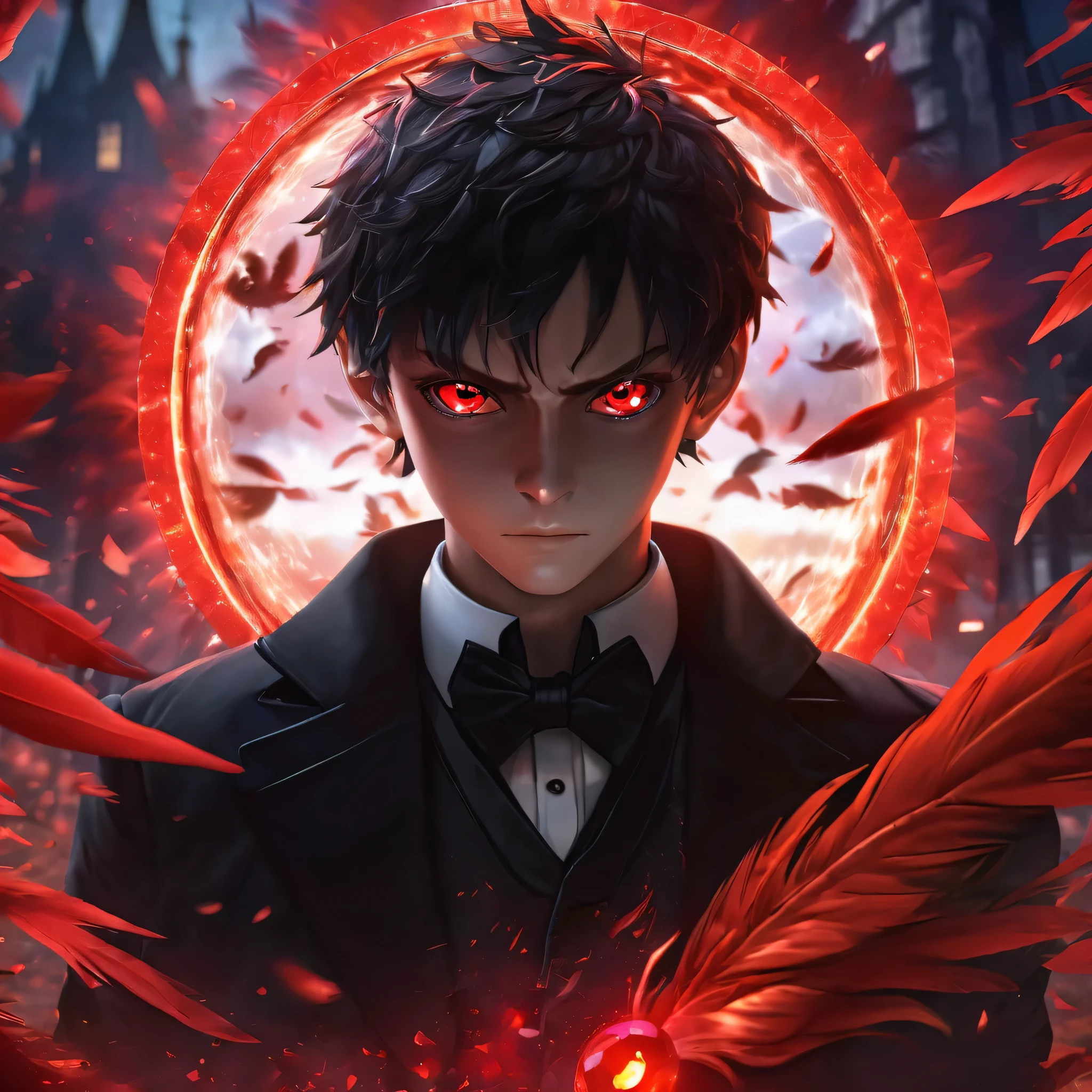 A captivating Dutch-shot of a villain boy with a black tuxedo, his magnificent red crystalline Sharingan eyes awakening and emitting a radiant reflective red light, against a background of falling crow's feathers, 4k, UHD, HDR, ultra-detailed, realistic, photorealistic, sharp focus, physically-based rendering, vivid colors, studio lighting, masterpiece