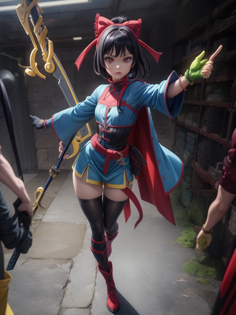 female mascot, small, , Ray-tracing, Waist slender, small, with ancient clothes, detailed, Russian robes, warm clothing, hot pants e botas, with sword in hand, futuristic gun pointing left, pose to the left, detailed doom style sword, large sword with different colors, futuristic sword, cintura small, complex light, cyberpunk sword in hand, sock with horizontal stripes in two colors up to the thigh, complex light, wool, pants with many folds, exclusive gloves, dynamic position, dark look, dark look, giant sword in hand, attacking, belts around the waist, detailed hem, giant laser sword, dark look, shorts, Darkening, Eyes red, Traits I didn't bring, prints, big thorns bracelet, shorth hair, Power spells,High subsurface, High subsurface, occlusion environment, ((dark look)), dark look, black costumes, shorth hair, big gloves, Bodysuit, (tied hair), hair divided into two, full-body vision, hair tied with ribbons and large bows, joelheiras detailed, ((blackquality hair)), ((blue short dress with stylish rip at the waist)),mortal kombat, detailed top, shoulder pads rich in details, Thigh-high boots, hair divided into two, stamped, red details,((sexy)),(((peitões))),(((super sensual))),((seios grandes))