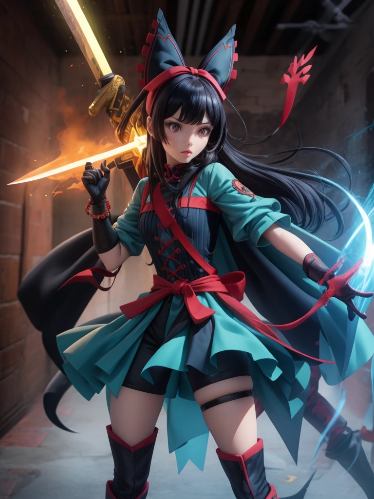 female mascot, small, , Ray-tracing, Waist slender, small, with ancient clothes, detailed, Russian robes, warm clothing, hot pants e botas, with sword in hand, futuristic gun pointing left, pose to the left, detailed doom style sword, large sword with different colors, futuristic sword, cintura small, complex light, cyberpunk sword in hand, sock with horizontal stripes in two colors up to the thigh, complex light, wool, pants with many folds, exclusive gloves, dynamic position, dark look, dark look, giant sword in hand, attacking, belts around the waist, detailed hem, giant laser sword, dark look, shorts, Darkening, Eyes red, Traits I didn't bring, prints, big thorns bracelet, shorth hair, Power spells,High subsurface, High subsurface, occlusion environment, ((dark look)), dark look, black costumes, shorth hair, big gloves, Bodysuit, (tied hair), hair divided into two, full-body vision, hair tied with ribbons and large bows, joelheiras detailed, ((blackquality hair)), ((blue short dress with stylish rip at the waist)),mortal kombat, detailed top, shoulder pads rich in details, Thigh-high boots, hair divided into two, stamped, red details,((sexy)),(((peitões))),(((super sensual))),((seios grandes))