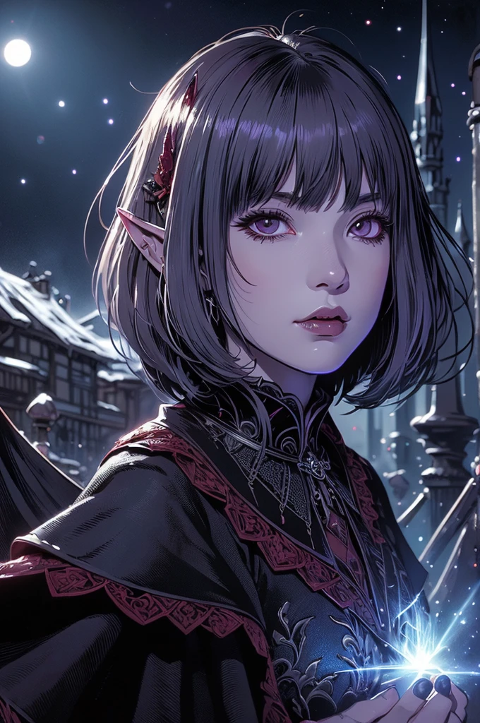 (Ultra-detailed face, looking away), (Head down, feet up, upside down), (Fantasy Illustration with Gothic & Ukiyo-e & Comic Art), (Full body, A middle-aged dark elf woman with silver hair, blunt bangs, very long disheveled hair, and dark purple skin, lavender eyes), (She is wearing a Victorian dark red cape dress and dark red mules), BREAK (She is floating, head down, above a glowing magical circle. She looks anxious and boldly poses with her hands to push it open as she speaks), BREAK (In the background, crystal crystals cover the world, eerily reflecting the red moonlight)