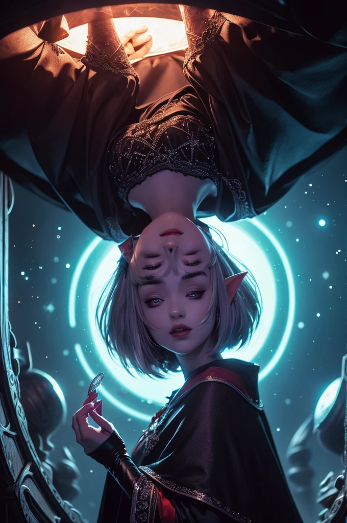 (Ultra-detailed face, looking away), (Head down, feet up, upside down), (Fantasy Illustration with Gothic & Ukiyo-e & Comic Art), (Full body, A middle-aged dark elf woman with silver hair, blunt bangs, very long disheveled hair, and dark purple skin, lavender eyes), (She is wearing a Victorian dark red cape dress and dark red mules), BREAK (She is floating, head down, above a glowing magical circle. She looks anxious and boldly poses with her hands to push it open as she speaks), BREAK (In the background, crystal crystals cover the world, eerily reflecting the red moonlight)