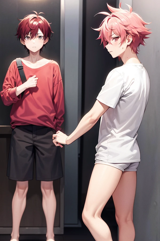 anime boy with bright pink hair, red - cheeks!!, zerochan, zerochan art, short hair, by Kamisaka Sekka, messy spiked red hair, by Puru, by Shingei,  a single braid hanging on the left side of his face.