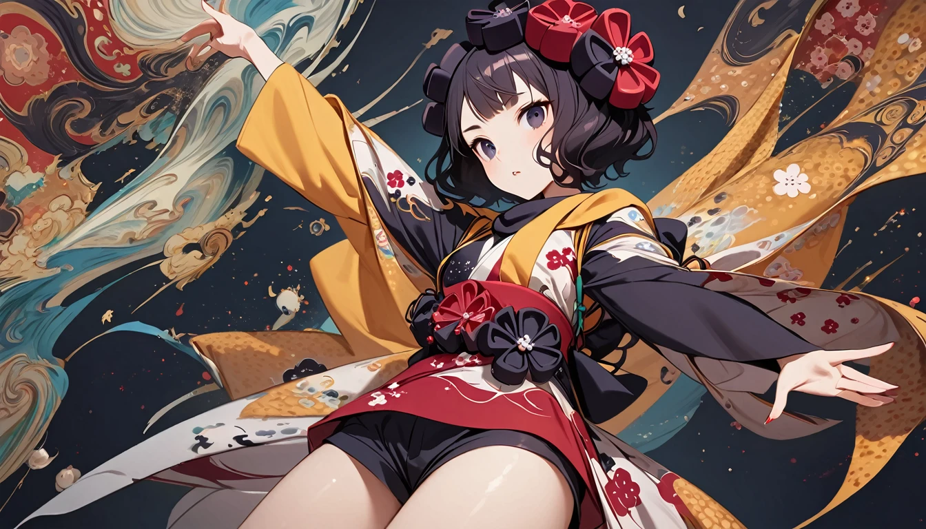 (((Katsushika Hokusai))), ((wearing Japanese pattern headphones)), (((Girl possessed by a demon))), ((Light colored sunglasses)), (Japanese pattern hoodie, super mini shorts), (Black shiny hair, beige skin), ((dancing)), (surreal, digital painting)