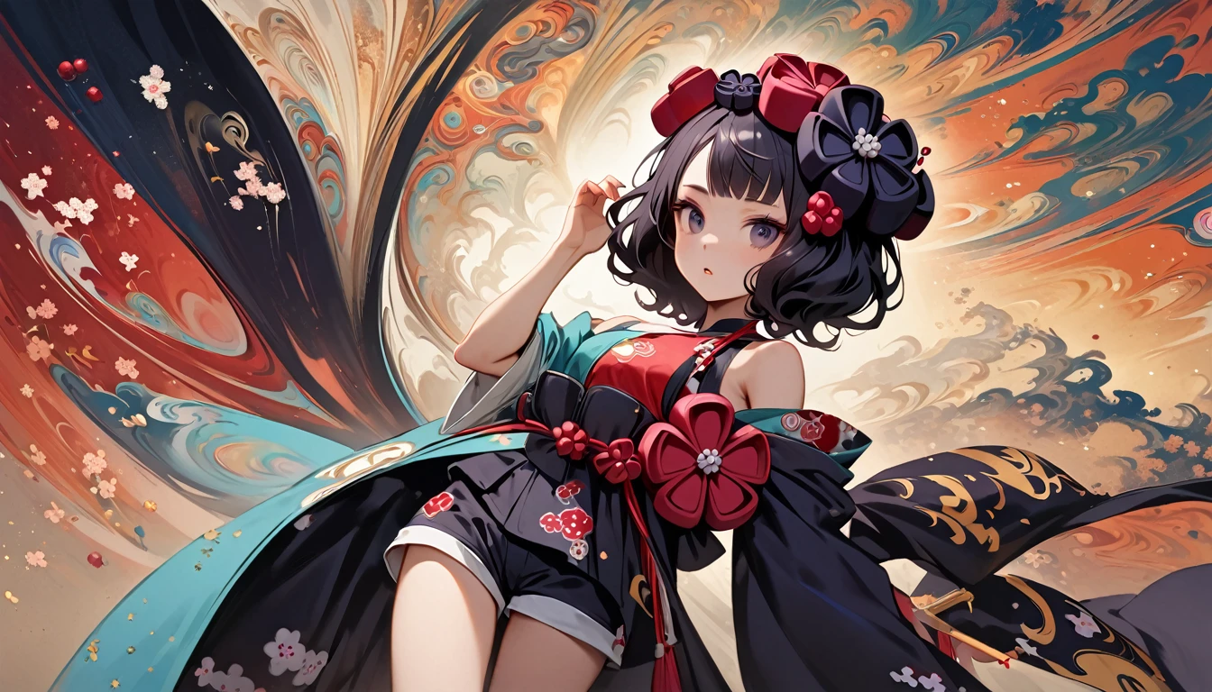 (((Katsushika Hokusai))), ((wearing Japanese pattern headphones)), (((Girl possessed by a demon))), ((Light colored sunglasses)), (Japanese pattern hoodie, super mini shorts), (Black shiny hair, beige skin), ((dancing)), (surreal, digital painting)