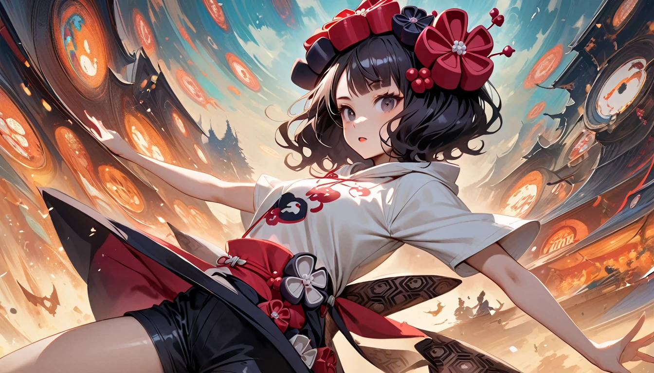 (((Katsushika Hokusai))), ((wearing Japanese pattern headphones)), (((Girl possessed by a demon))), ((Light colored sunglasses)), (Japanese pattern hoodie, super mini shorts), (Black shiny hair, beige skin), ((dancing)), (surreal, digital painting)