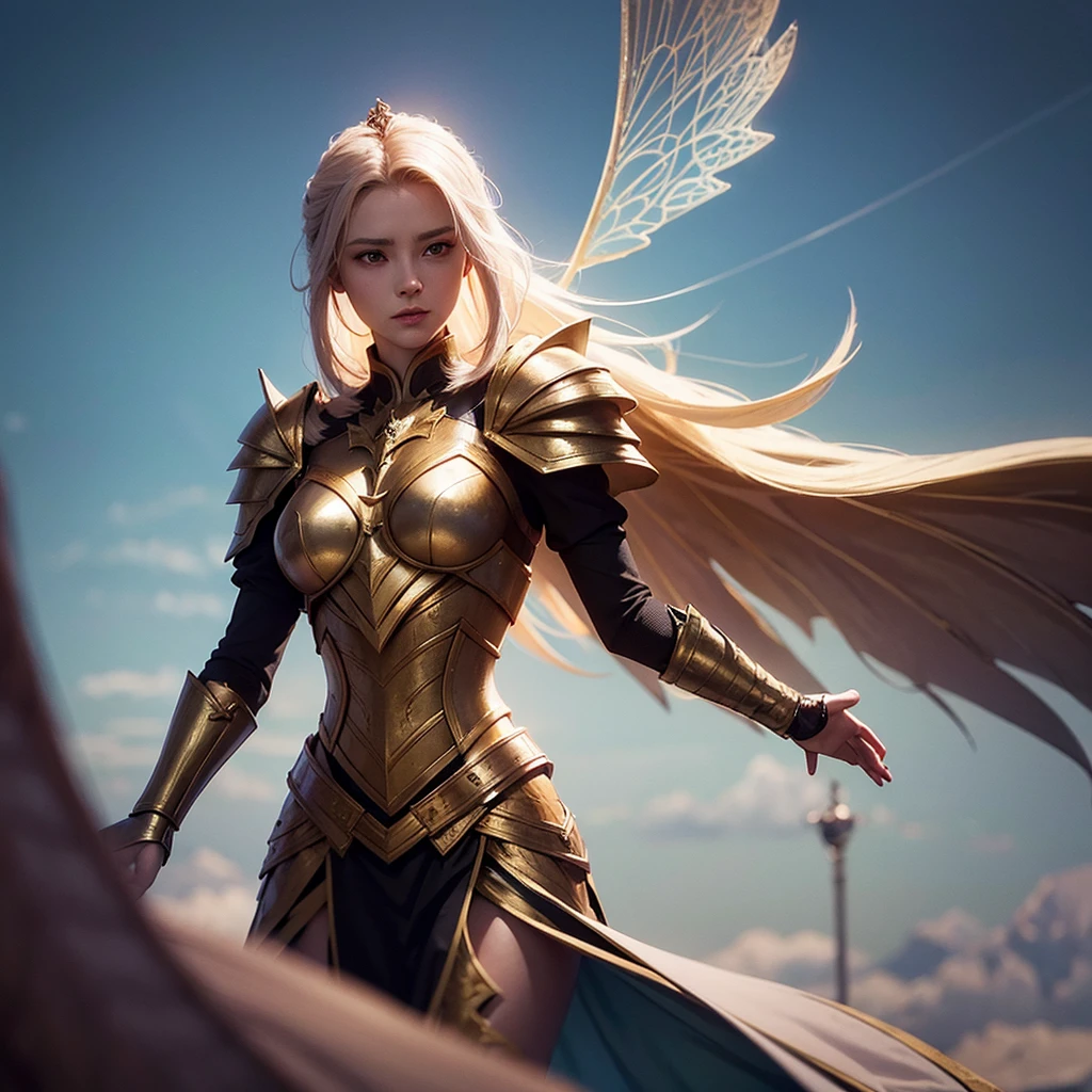 young queen shamn, armor, moth wings, glory clouds, well lit, 4k, unreal engine, greg rutkowski style, alena aenami style