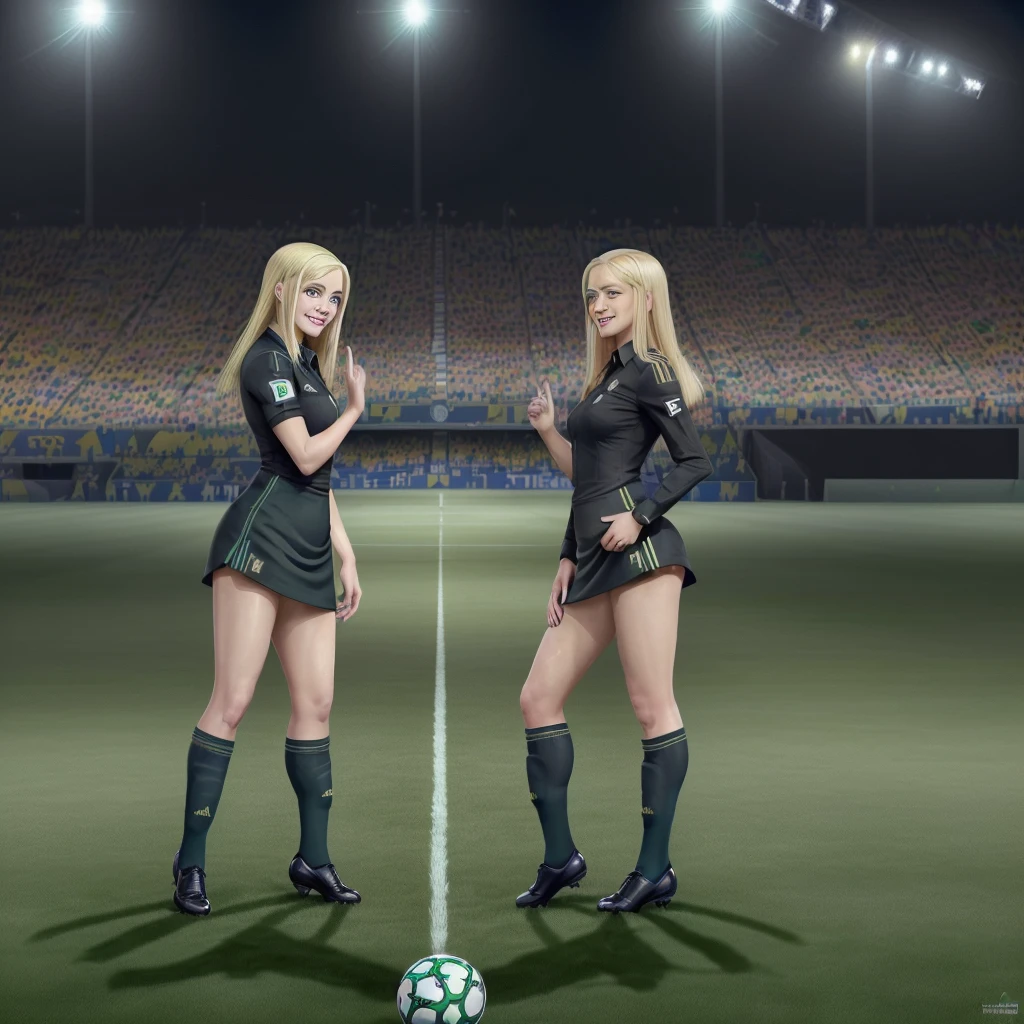 `((Full body):1.5), ((WomanA and WomanB):1.5), WomanA:((wearing black uniform, green eyes, blonde hair, is in right profile pose to the viewer, smiling, with the ball in her feet):1.2); \n WomanB:(wearing white uniform, blue eyes, black hair, is trying from the front):1.2) to the spectator trying to catch the ball that is at WomanA's feet, they are on a ((Fifa soccer field, the stage is – crowded with spectators):1.2), anime, 16k, high quality, high details, UHD, masterpiece,perfecteyes, ((Brazilian soccer style):1.2)`