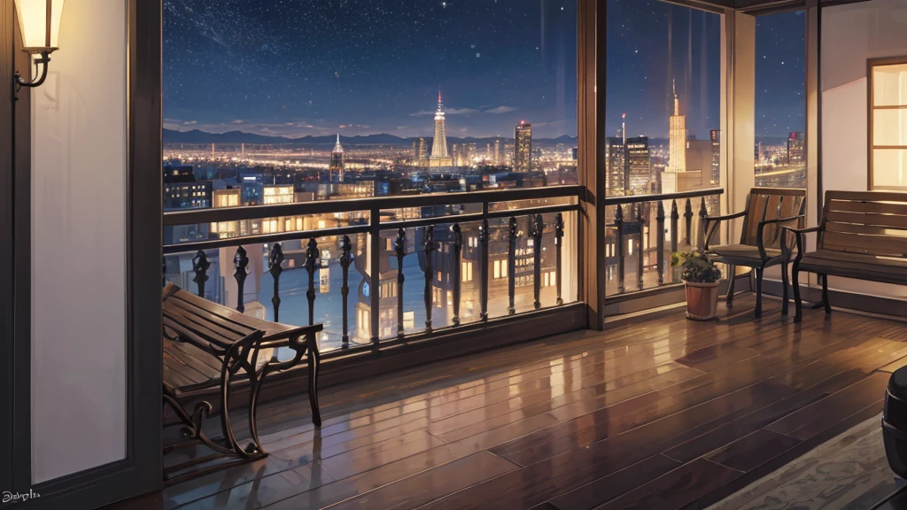 A serene balcony overlooking the bustling city at night is captured in this image. A cozy bench sits nearby, inviting one to relax and take in the stunning view. The city lights twinkle in the distance, casting a warm glow on the terrace. The color palette consists of deep blues, earthy tones, and accents of gold. This image evokes a sense of calm and sophistication in a city that never sleeps.