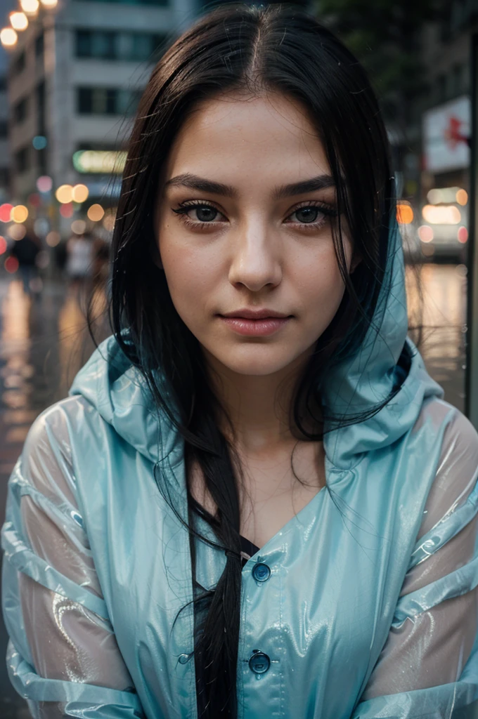 A girl with long blue hair. Her face is exquisite, with high cheekbones and smooth fair skin. Her large black eyes, framed by long thick eyelashes, are impressive and expressive, radiating calmness and confidence. Well-defined eyebrows curve gracefully above her eyes, adding intensity to her gaze. She has a small, straight nose and full, slightly parted lips that curve into a slight smile, revealing hints of mischief and allure. 8k photo portrait of a woman with in a pastel raincoat, looking at the camera, at a bustling crosswalk at night, wet reflections, Highly Detailed, Vibrant, Production Cinematic, reflections on wet street, 8k, film grain, 70mm, Portra 800