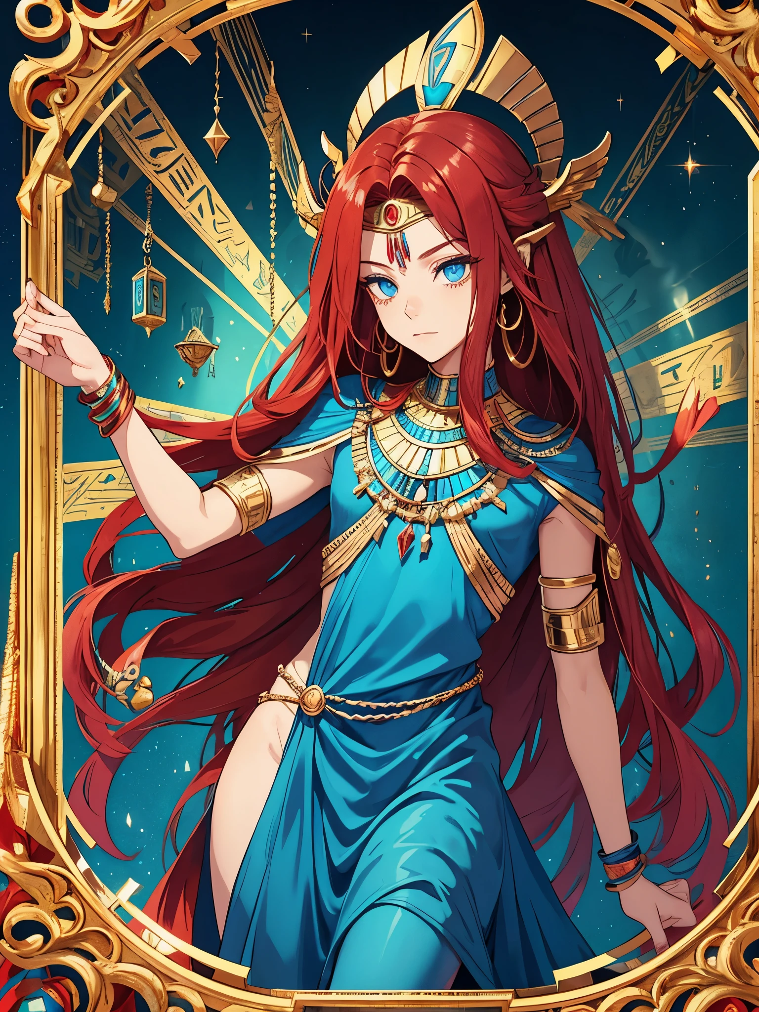 Egyptian deity Seth. long red hair, Lots of jewelry. light skin. blue eyes. Rotes Make Up. Sweet boy. boy. narrow. noble dress