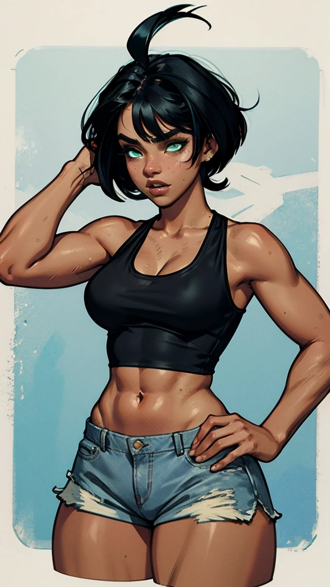 Woman, dark tan skin, y fit and toned body, white cropped tank top; blue denim short shorts, thick brelack short bob cut hair, green eyes, sweaty,