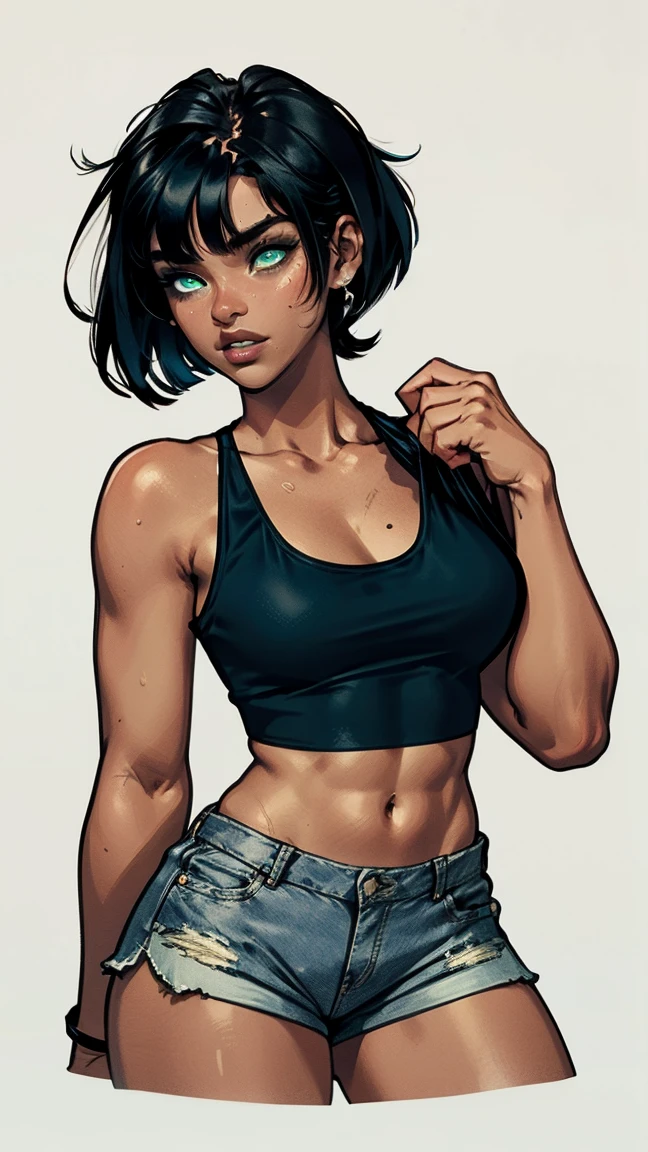 Woman, dark tan skin, sexy fit and toned body, white cropped tank top; blue denim short shorts, thick breasts, black short bob cut hair, green eyes, sweaty,