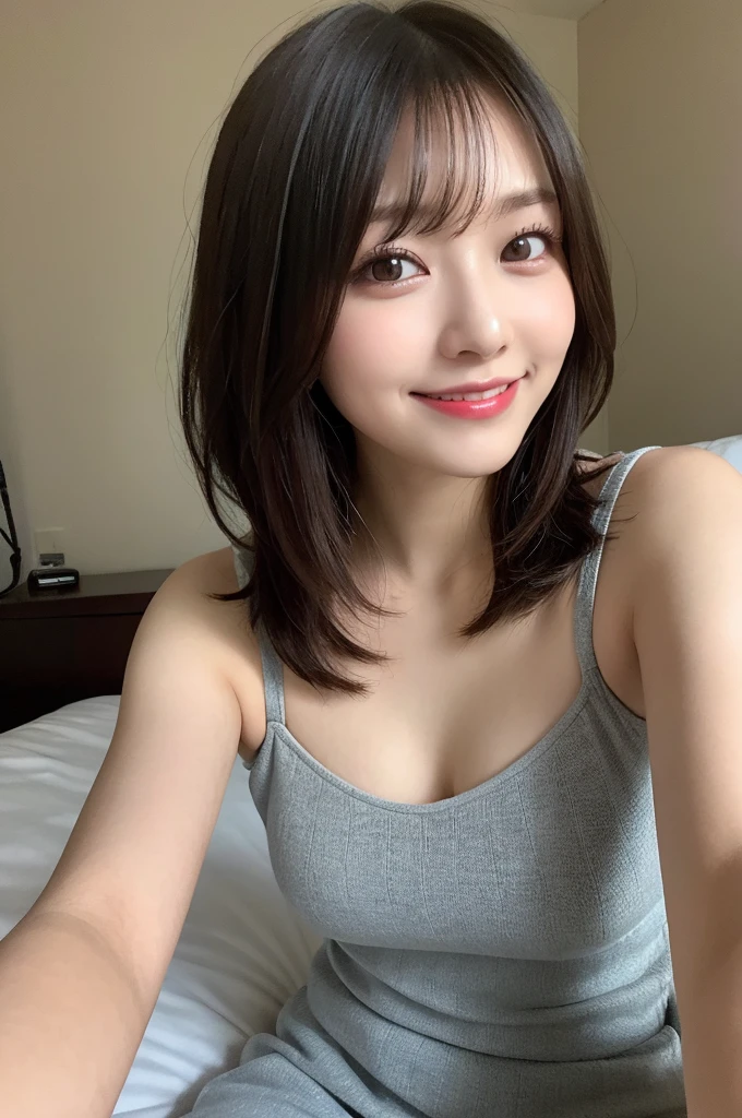 Selfie、Light clothing、Laughing、bed、Lying down、Very short hair、short、ベリーshortカット、Highest quality, figure, Super detailed, In detail, High resolution, 8k wallpaper, Perfect dynamic composition, Beautiful attention to detail, dress,Medium Hair, Small breasts、Natural color lip, Random sexy poses,smile,24-years-old