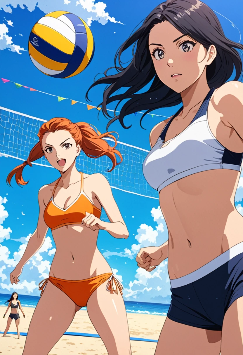 (masterpiece, best quaility, High detail, vivid colors, very beautiful and detailed faces:1.2), A group of girls playing volleyball on the beach, girls in bikini, anime screencap, the background is a beach during the day