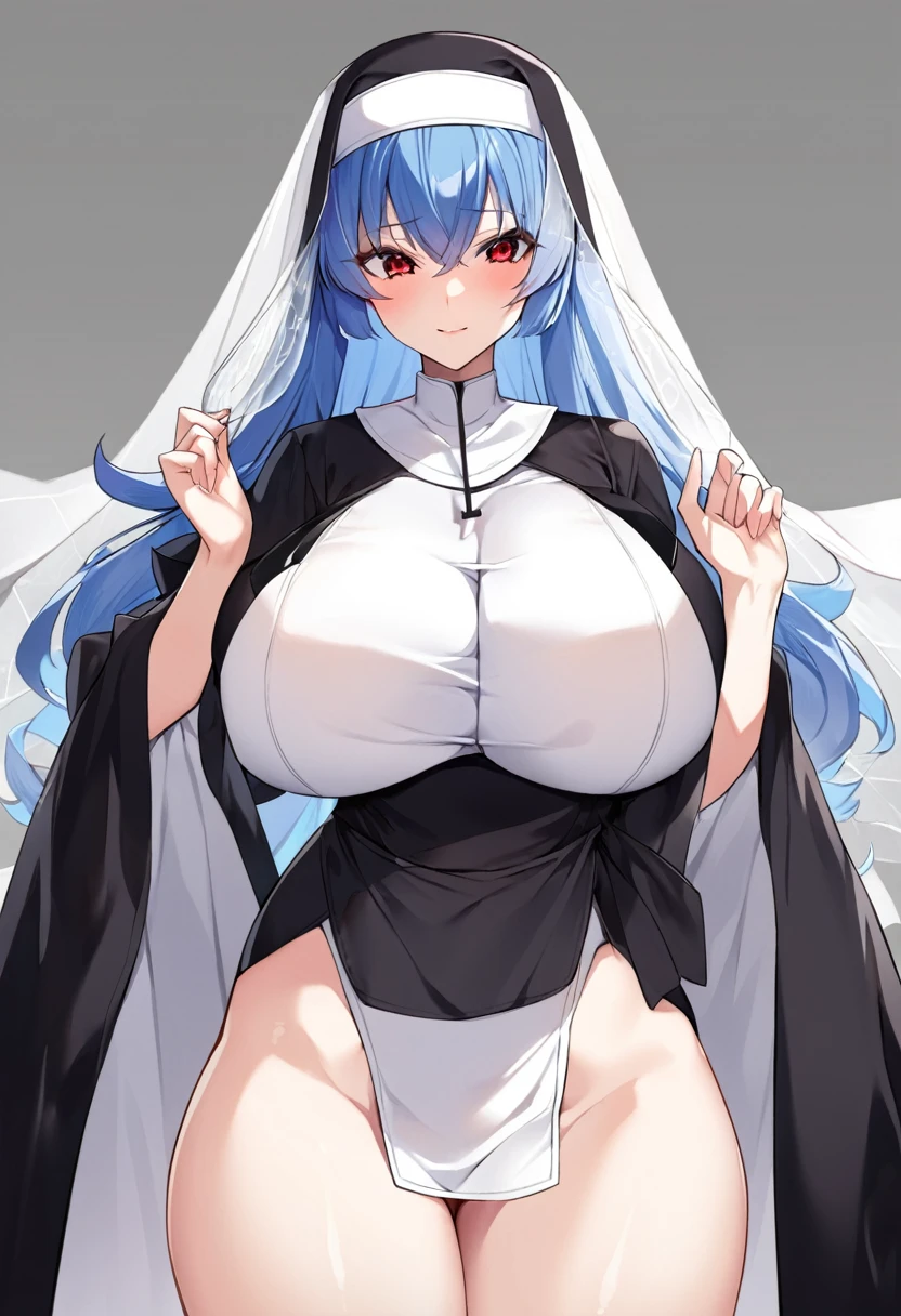 My name is Yukiko.I am a white test woman with long Sky blue hair,red eye color.I am 1.62 cm tall . My breasts measure 200 cm, my waist 40 cm and my hips 200 cm.Dressed in a nun's outfit with the veil . With big breasts 200 cm