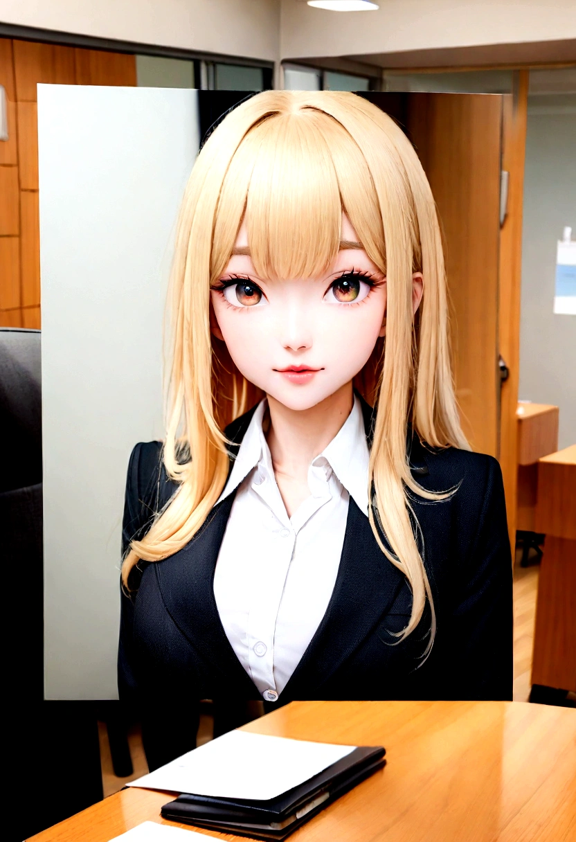 proffesional, (4k photo:1.1), (sharp focus:1.3), high détail, wearing fashionable business clothes, beautifull detailed face, hazel eyes, hair blonde, Body format, office meeting room with table