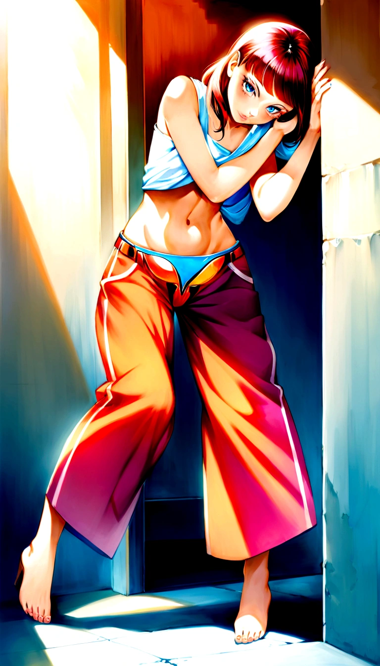 there is a woman leaning against a wall with her arms on her head, asuka suit under clothes!, nico robin, artgerm colorful!!!, artgerm and lois van baarle, !!full body portrait!!, style artgerm, urban girl fanart, anime woman fullbody art, chell, full body portrait of a short!