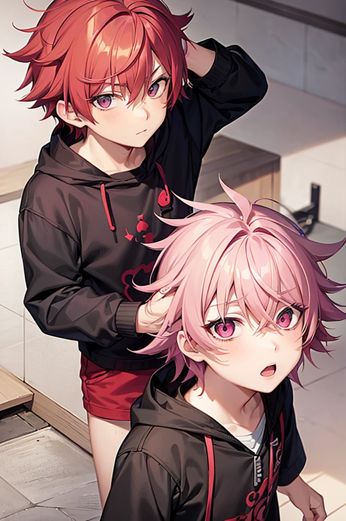 anime boy with bright pink hair, red - cheeks!!, zerochan, zerochan art, short hair, by Kamisaka Sekka, messy spiked red hair, by Puru, by Shingei, a single small braid lefft side of his hair.
