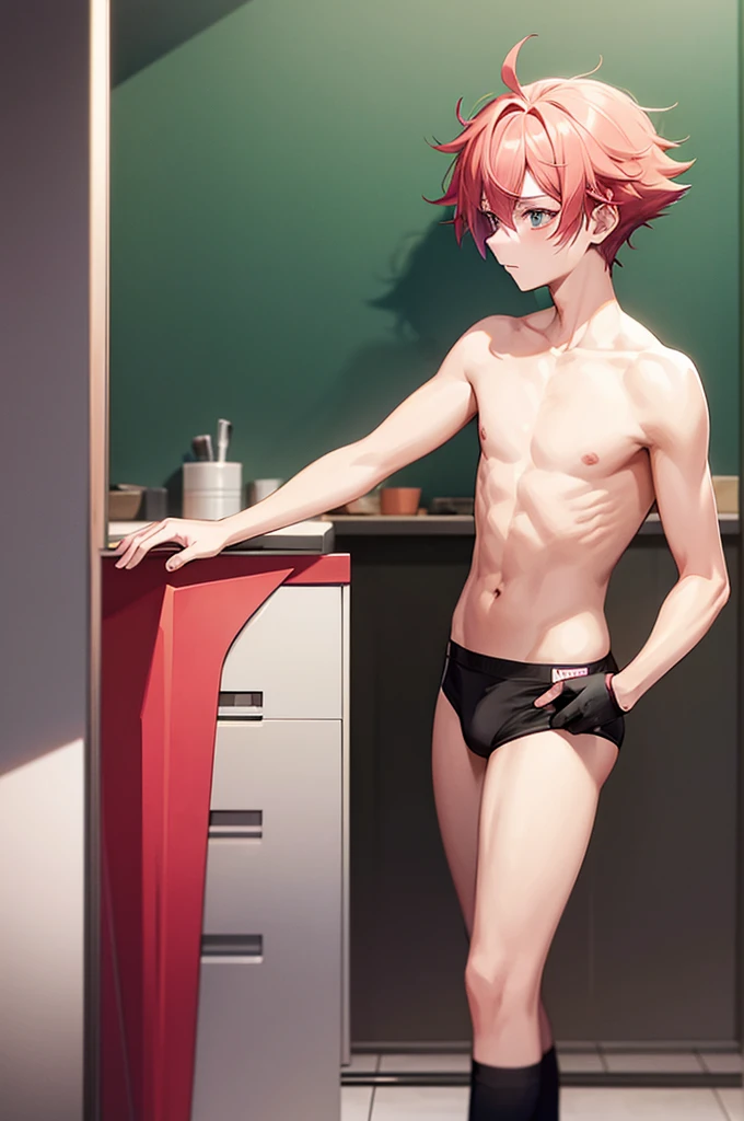 anime boy with bright pink hair, red - cheeks!!, zerochan, zerochan art, short hair, by Kamisaka Sekka, messy spiked red hair, by Puru, by Shingei, a single small braid lefft side of his hair.