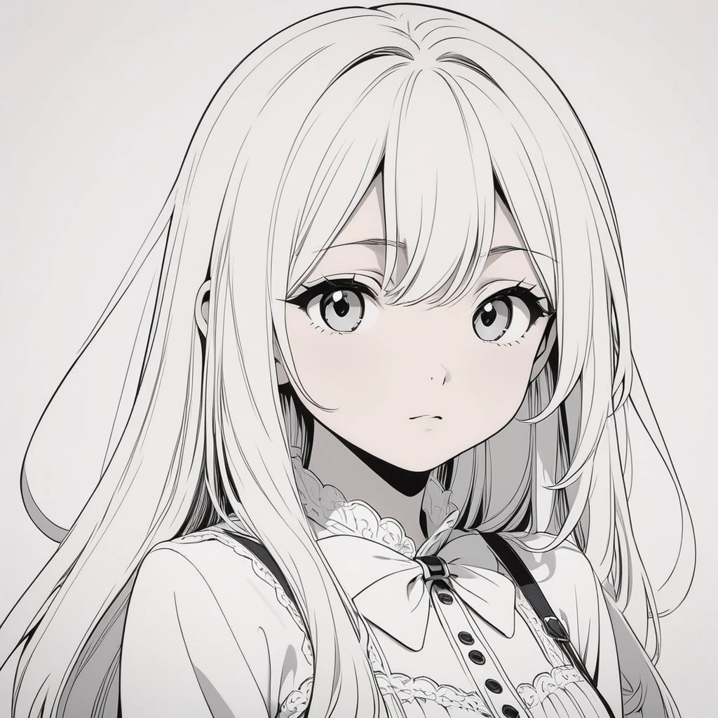 long hair anime line art black and white