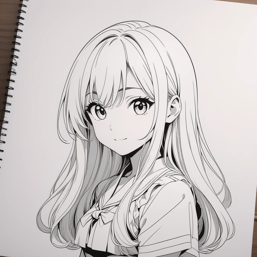 long hair anime line art black and white