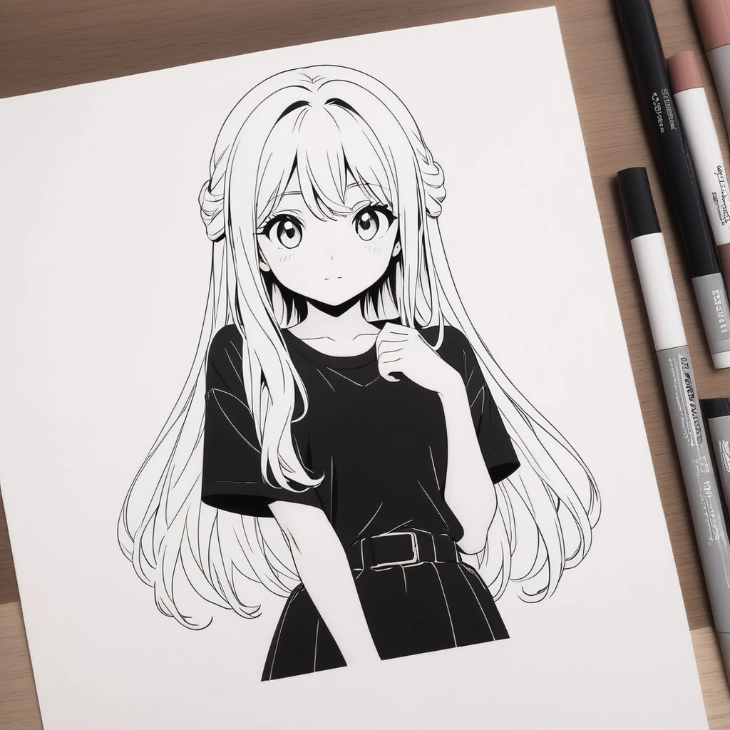 long hair anime line art black and white