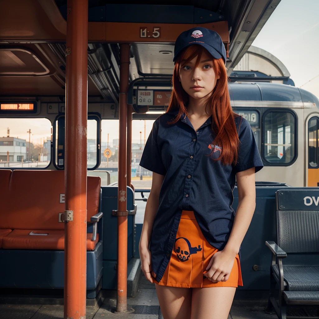 1 girl, Alone, Red hair, Red eyes, two tails, employee uniform, tube skirt, skull print, navy blue cap, Orange sky,, outdoor, train station, standing in front of the bus,,