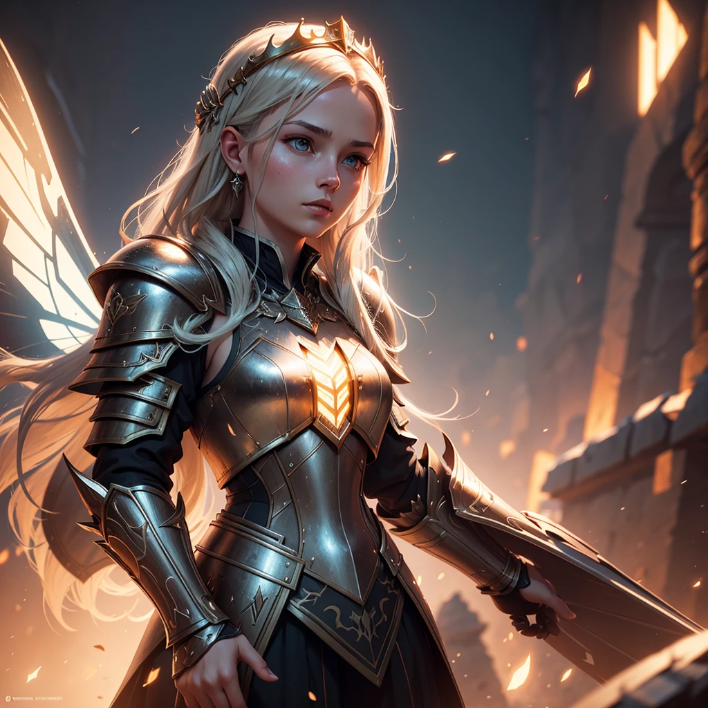 young queen shamn, armor, moth wings, glory clouds, well lit, 4k, unreal engine, greg rutkowski style, alena aenami style