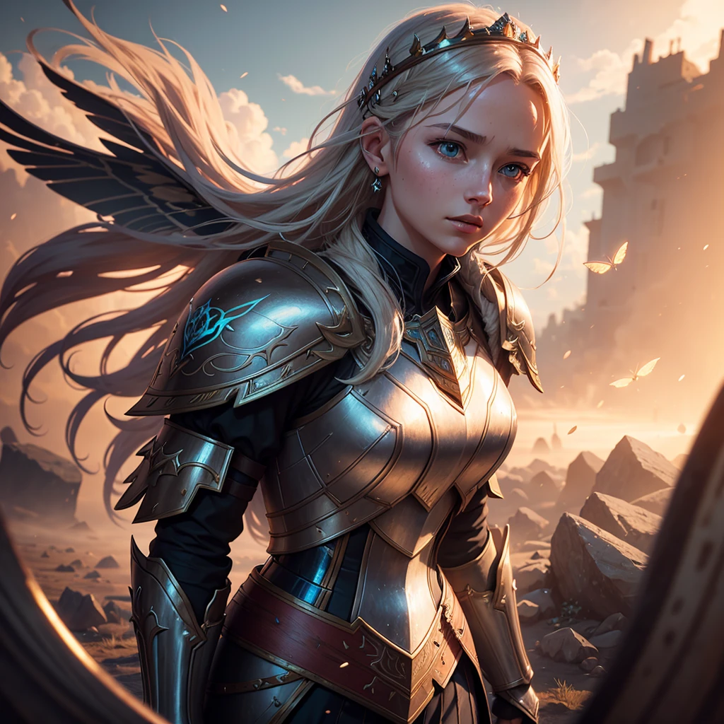young queen shamn, armor, moth wings, glory clouds, well lit, 4k, unreal engine, greg rutkowski style, alena aenami style