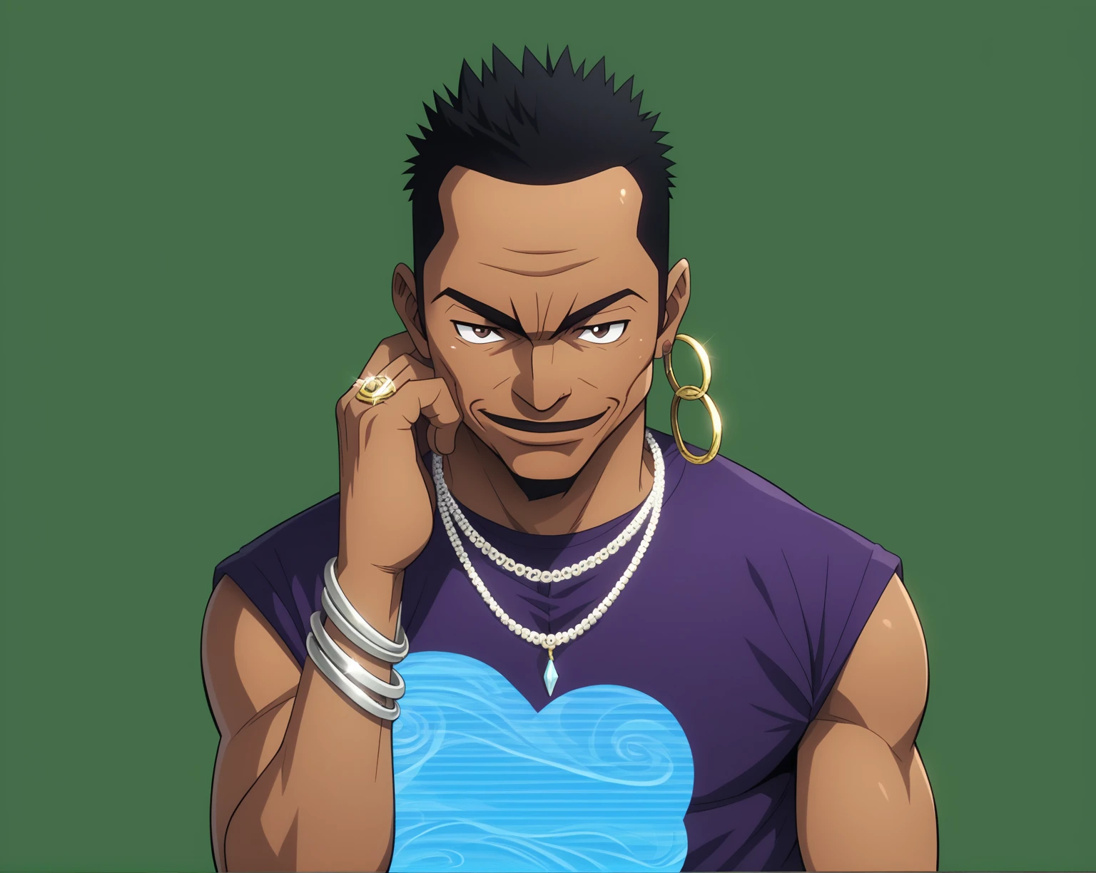 score_9, score_8_up, score_7_up, olivabiscuit, 1boy, solo, purple shirt, necklaces, ring, bracelets, gold, brown eyes, male focus, cocky smirk, looking at viewer, short hair, black hair, dark skin, facial hair, dark-skinned male, muscular male, bara, bald, manly, veins, meme, hand, points his temple, dynamic lighting, glare, extremely detailed, portrait, white background